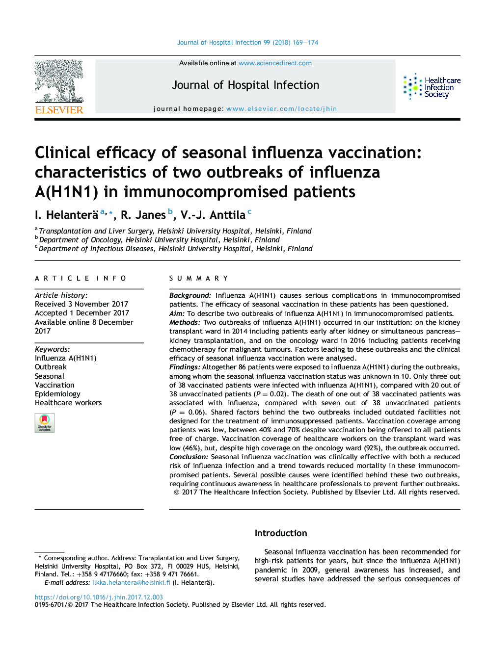 Clinical efficacy of seasonal influenza vaccination: characteristics of two outbreaks of influenza A(H1N1)Â in immunocompromised patients