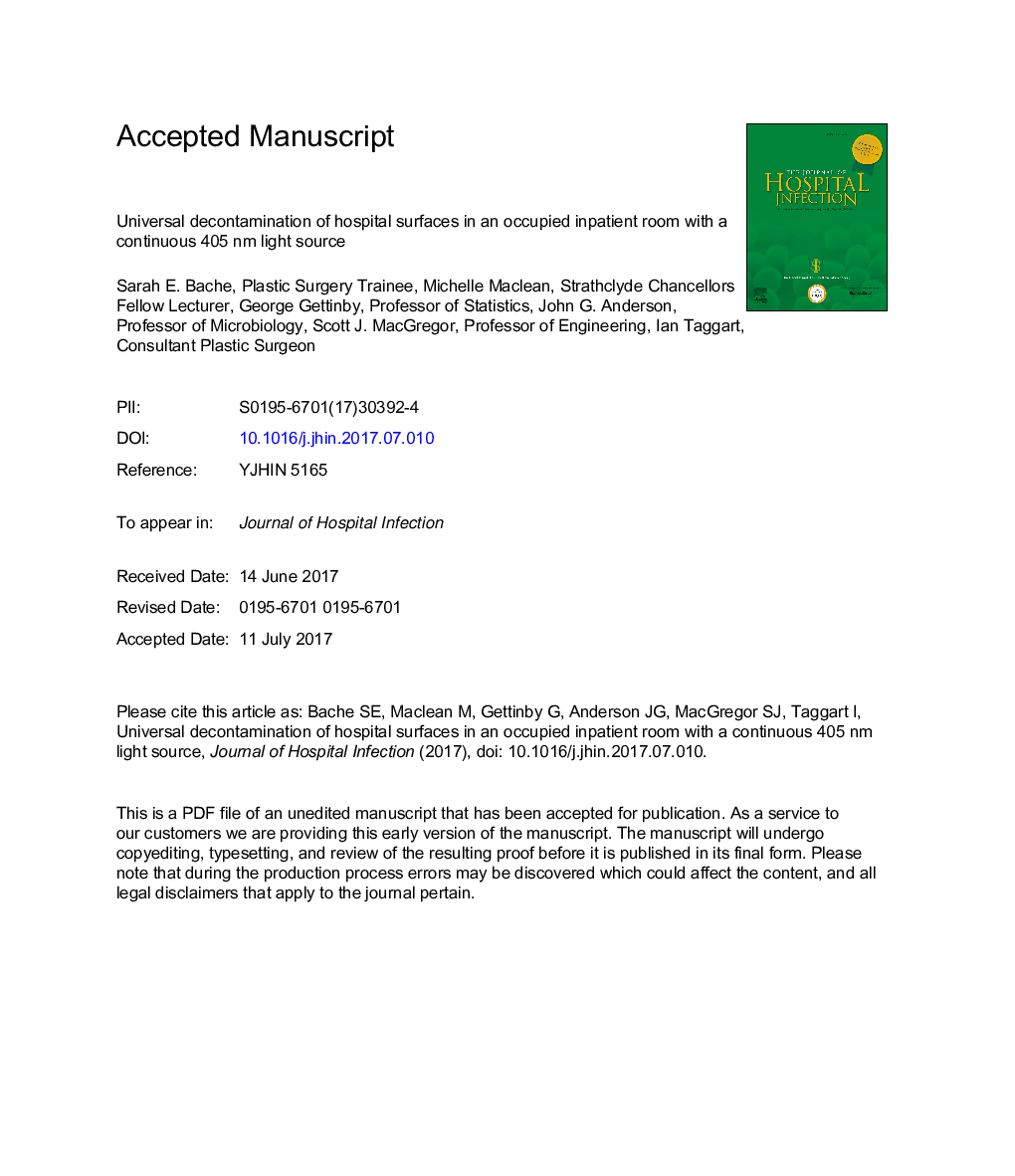 Universal decontamination of hospital surfaces in an occupied inpatient room with a continuous 405Â nm light source