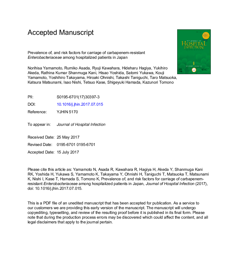 Prevalence of, and risk factors for, carriage of carbapenem-resistant Enterobacteriaceae among hospitalized patients in Japan