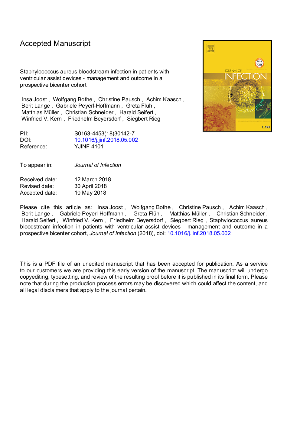 Staphylococcus aureus bloodstream infection in patients with ventricular assist devices-Management and outcome in a prospective bicenter cohort