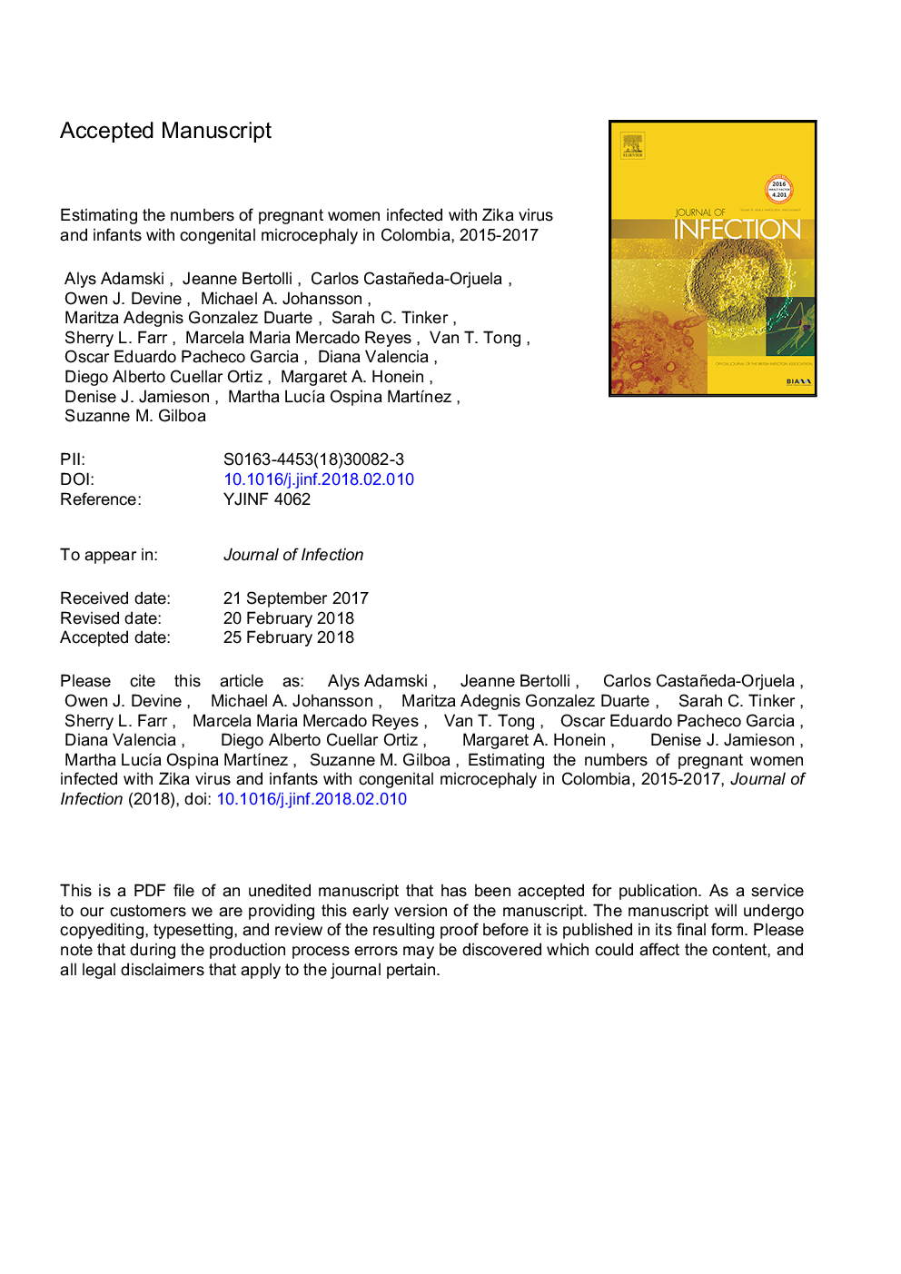 Estimating the numbers of pregnant women infected with Zika virus and infants with congenital microcephaly in Colombia, 2015-2017