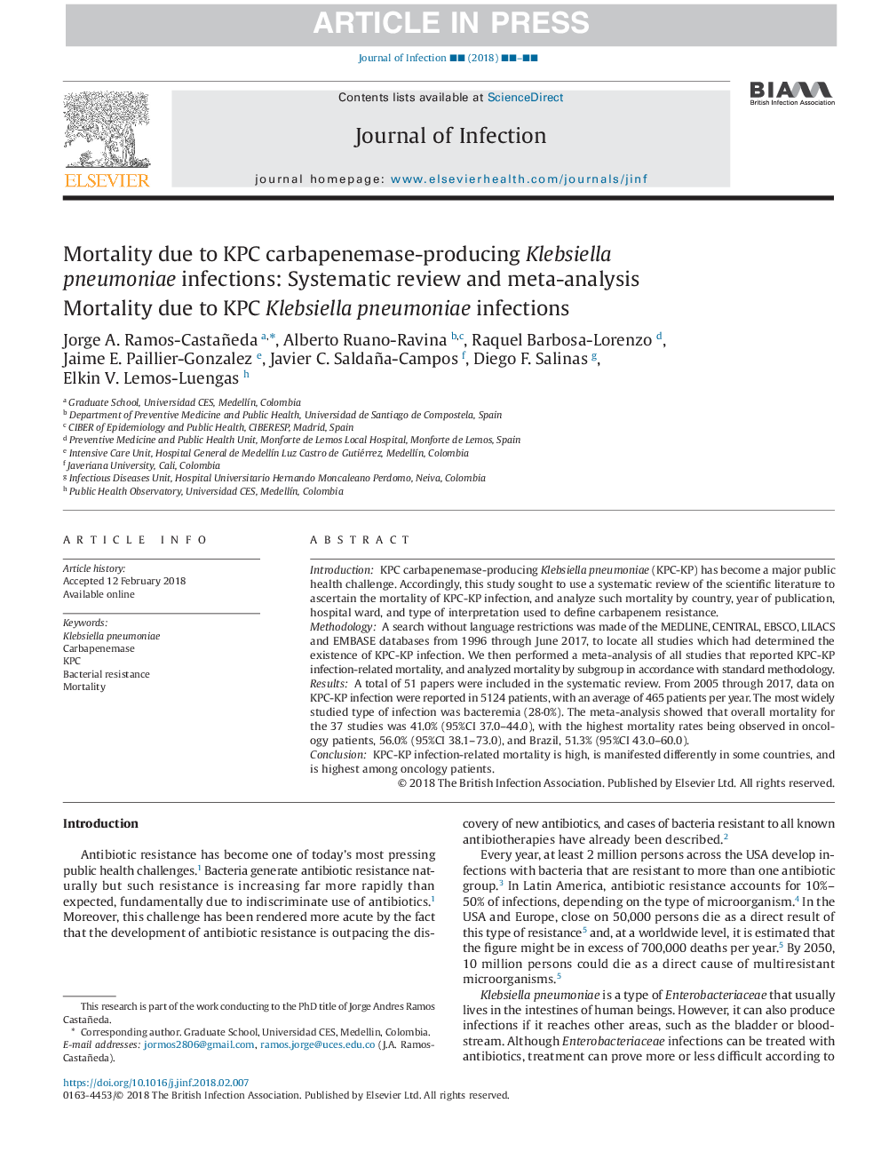 Mortality due to KPC carbapenemase-producing Klebsiella pneumoniae infections: Systematic review and meta-analysis