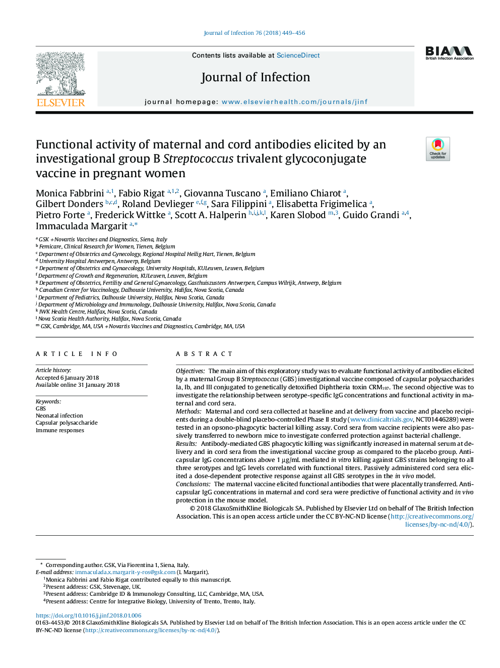 Functional activity of maternal and cord antibodies elicited by an investigational group B Streptococcus trivalent glycoconjugate vaccine in pregnant women