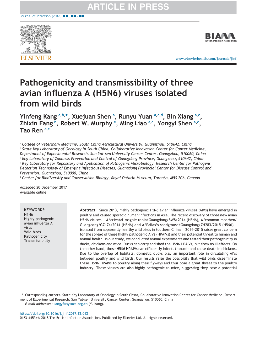 Pathogenicity and transmissibility of three avian influenza A (H5N6) viruses isolated from wild birds