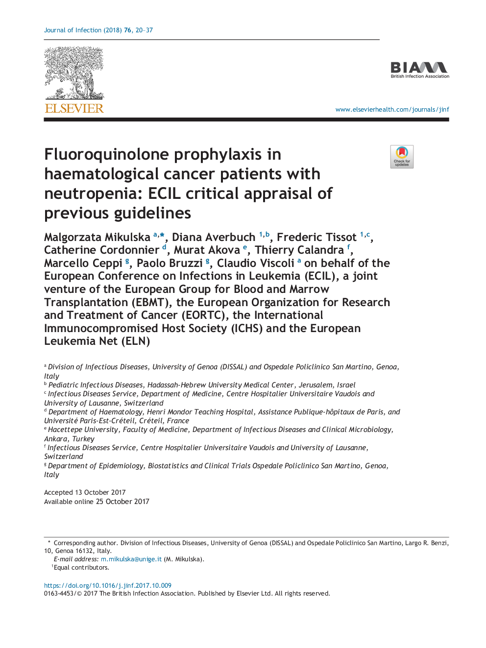 Fluoroquinolone prophylaxis in haematological cancer patients with neutropenia: ECIL critical appraisal of previous guidelines