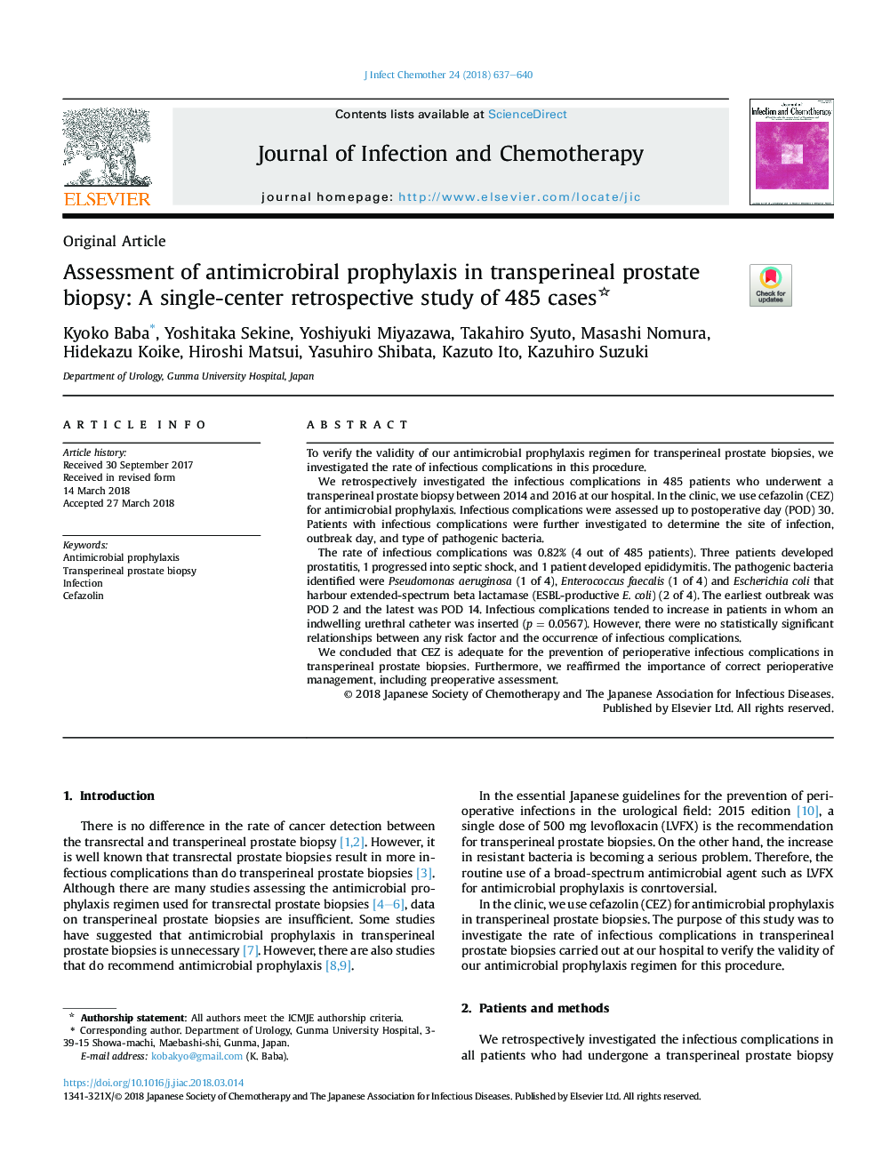 Assessment of antimicrobiral prophylaxis in transperineal prostate biopsy: A single-center retrospective study of 485 cases