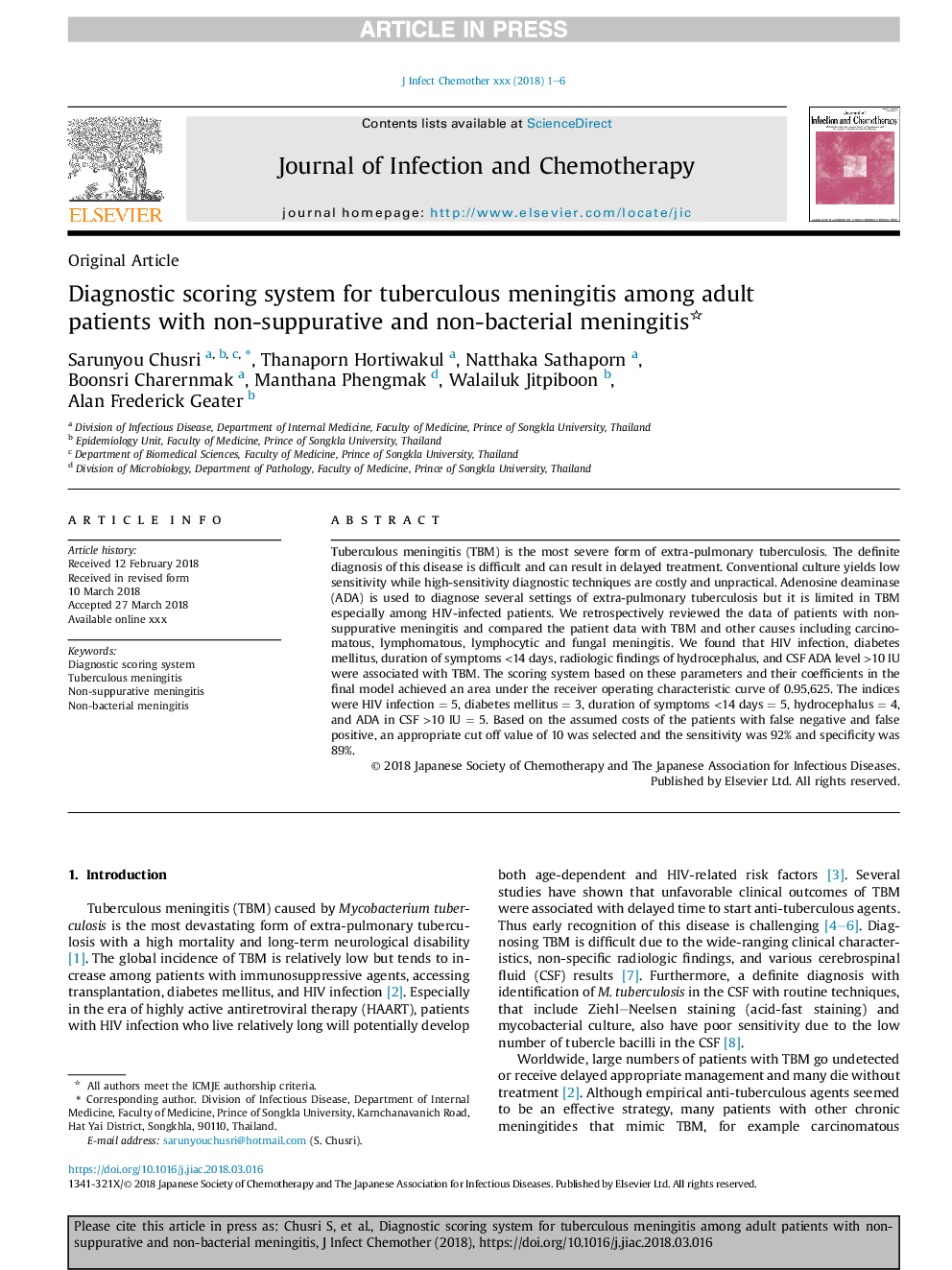 Diagnostic scoring system for tuberculous meningitis among adult patients with non-suppurative and non-bacterial meningitis