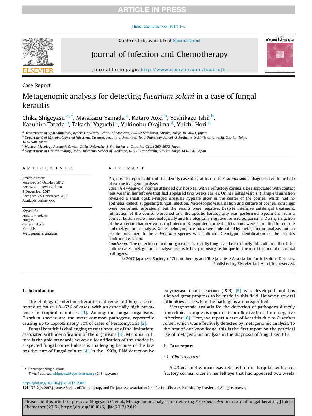 Metagenomic analysis for detecting Fusarium solani in a case of fungal keratitis