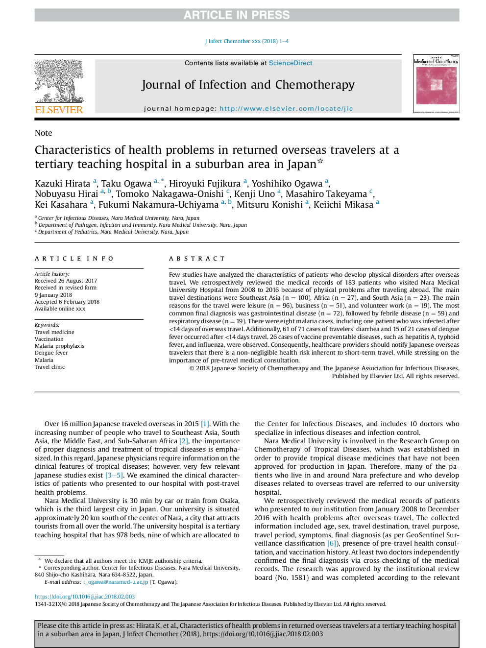 Characteristics of health problems in returned overseas travelers at a tertiary teaching hospital in a suburban area in Japan