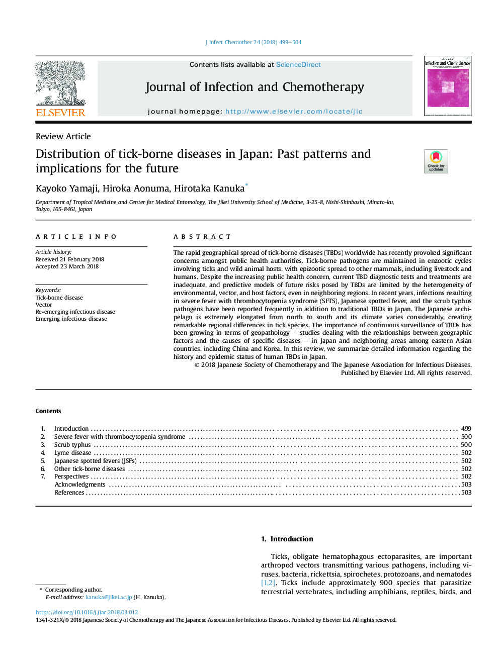 Distribution of tick-borne diseases in Japan: Past patterns and implications for the future