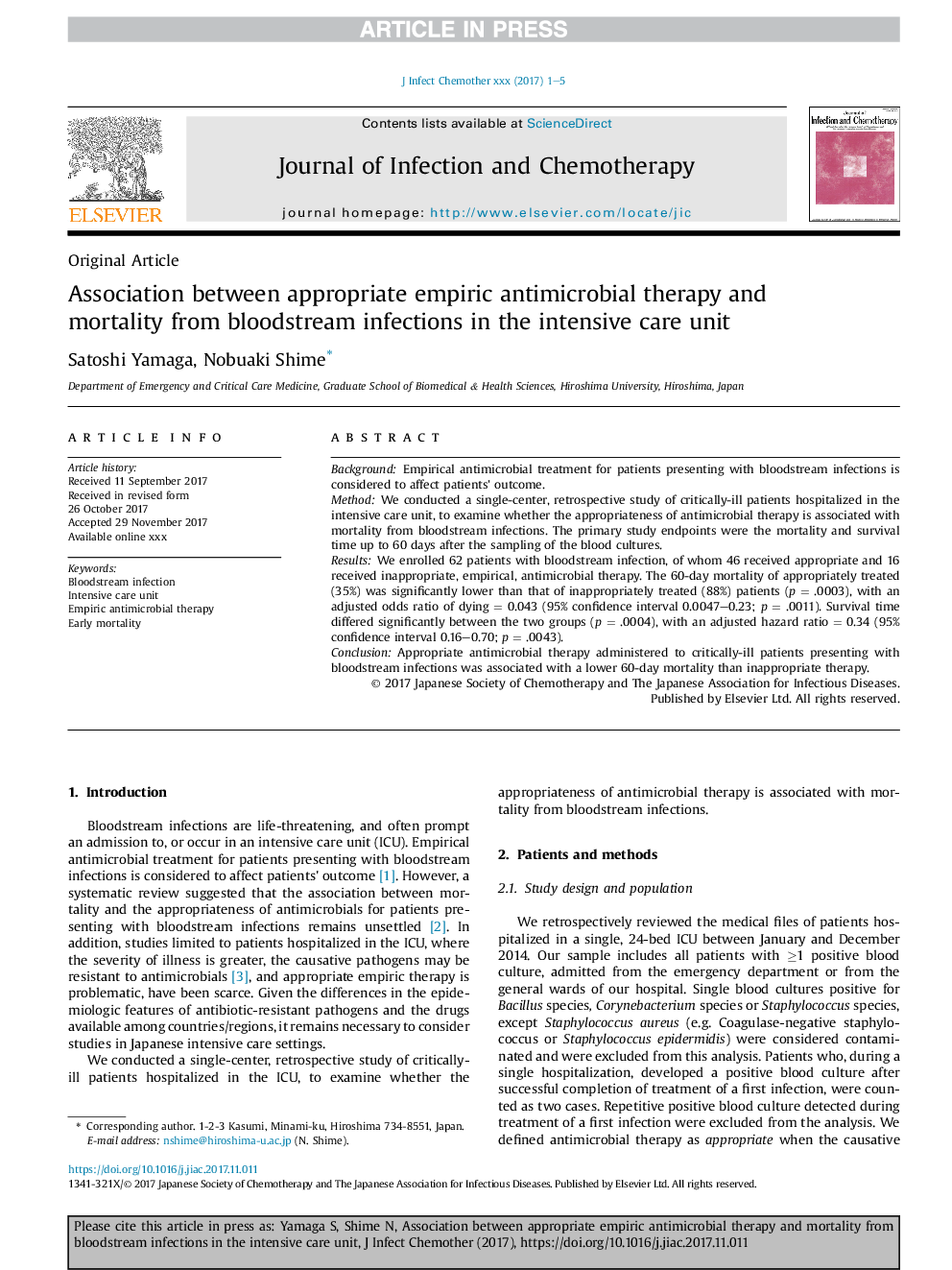 Association between appropriate empiric antimicrobial therapy and mortality from bloodstream infections in the intensive care unit