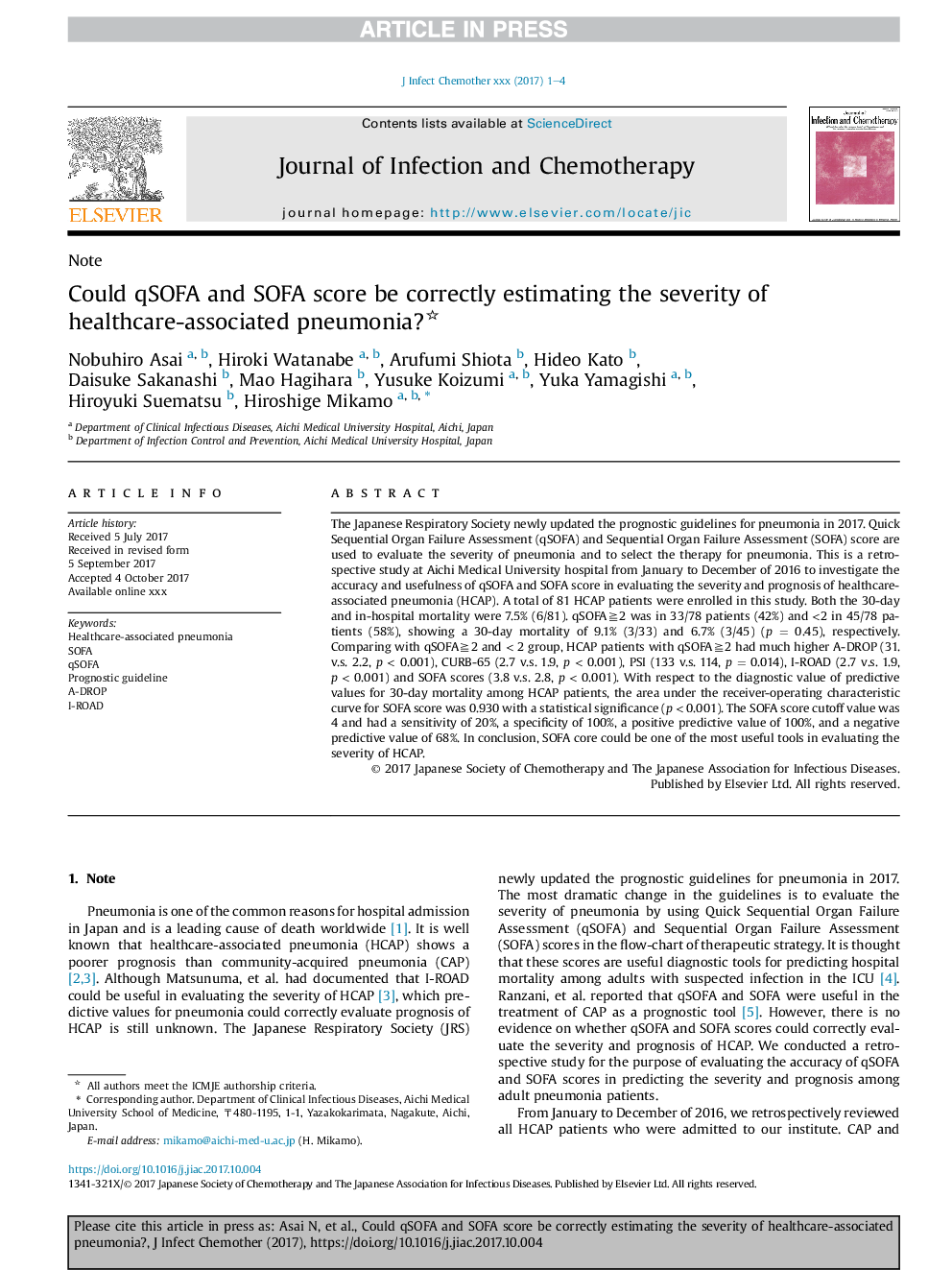 Could qSOFA and SOFA score be correctly estimating the severity of healthcare-associated pneumonia?