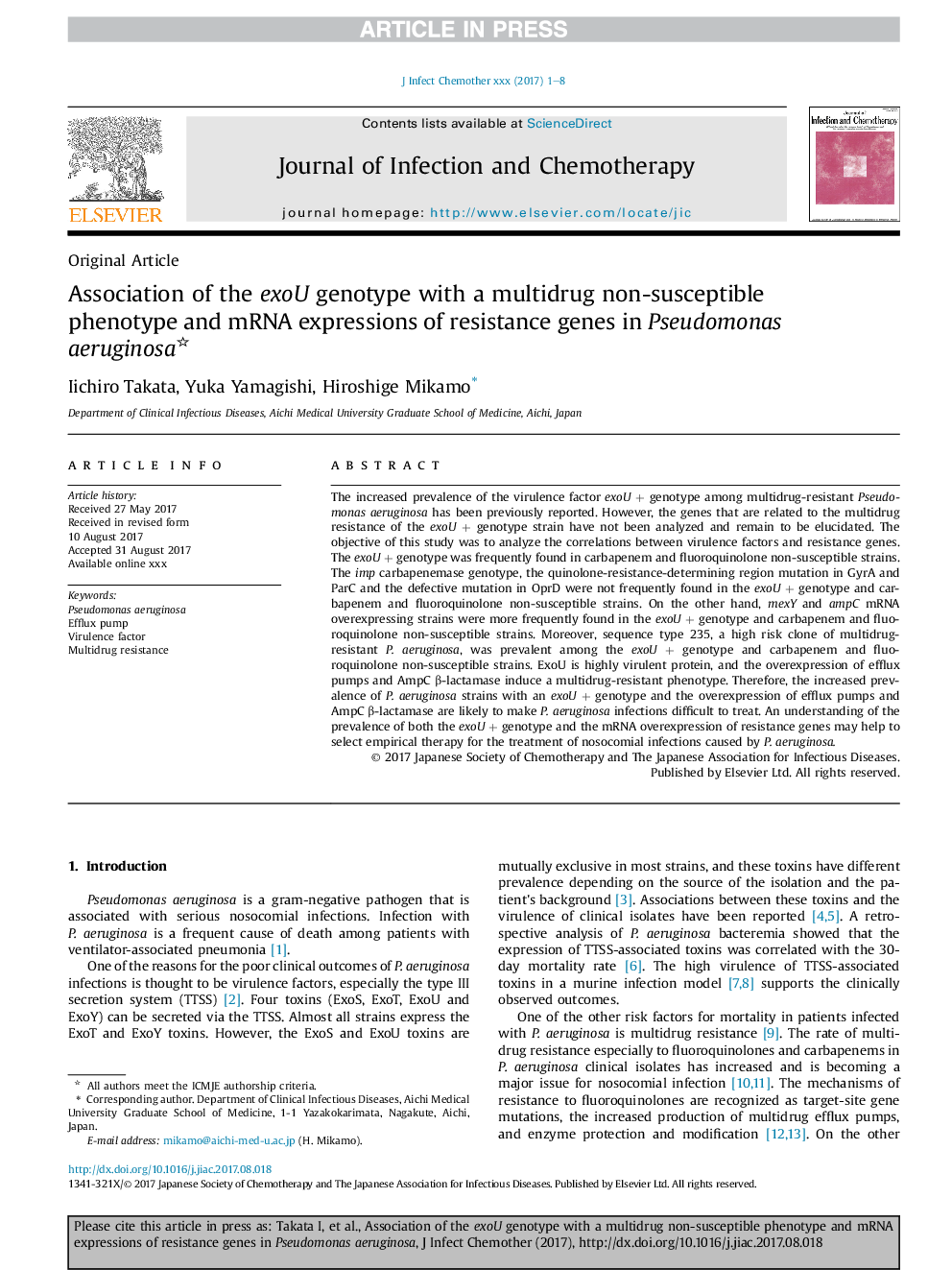 Association of the exoU genotype with a multidrug non-susceptible phenotype and mRNA expressions of resistance genes in Pseudomonas aeruginosa