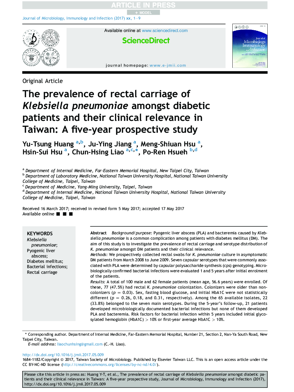 شیوع حمل واکسن کلبسیلا پنومونیه در بیماران دیابتی و ارتباط بالینی آنها در تایوان: یک مطالعه آینده نگر پنج ساله 