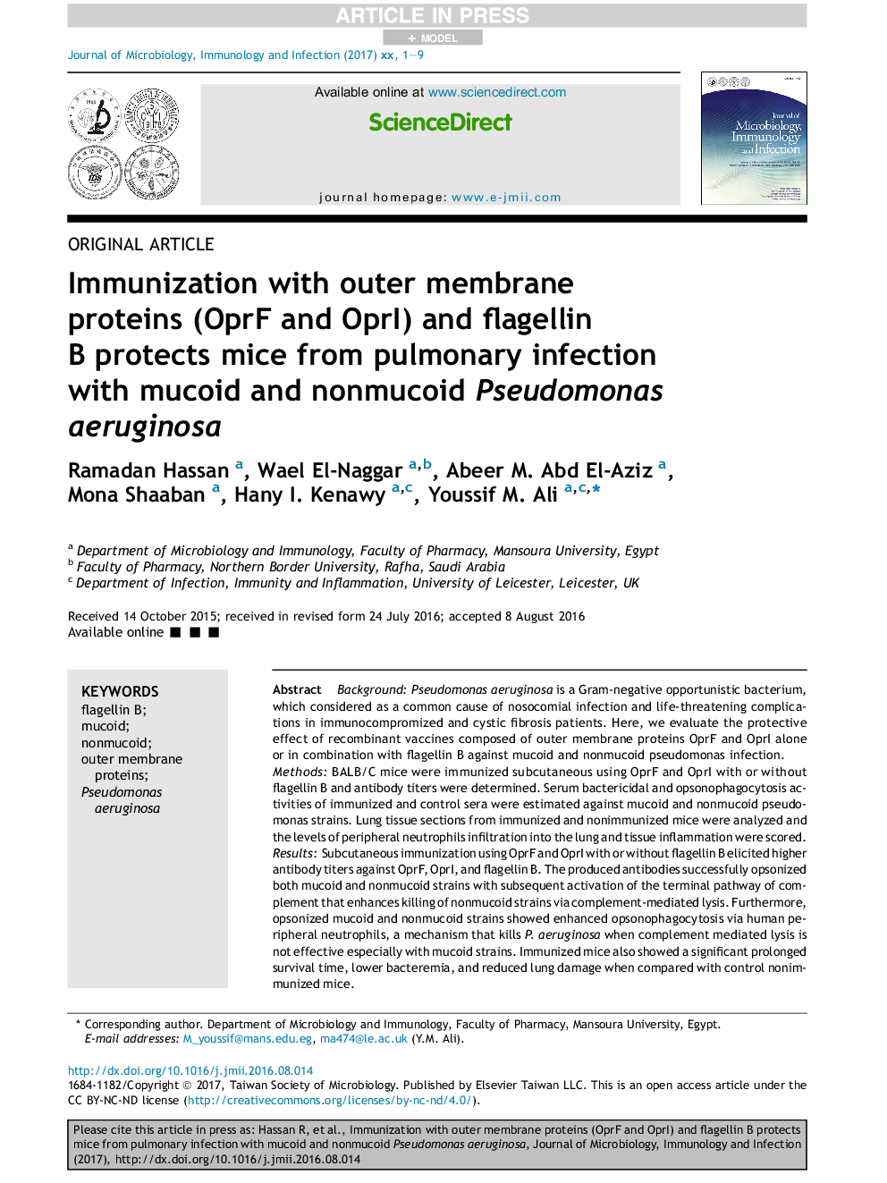 Immunization with outer membrane proteins (OprF and OprI) and flagellin BÂ protects mice from pulmonary infection with mucoid and nonmucoid Pseudomonas aeruginosa