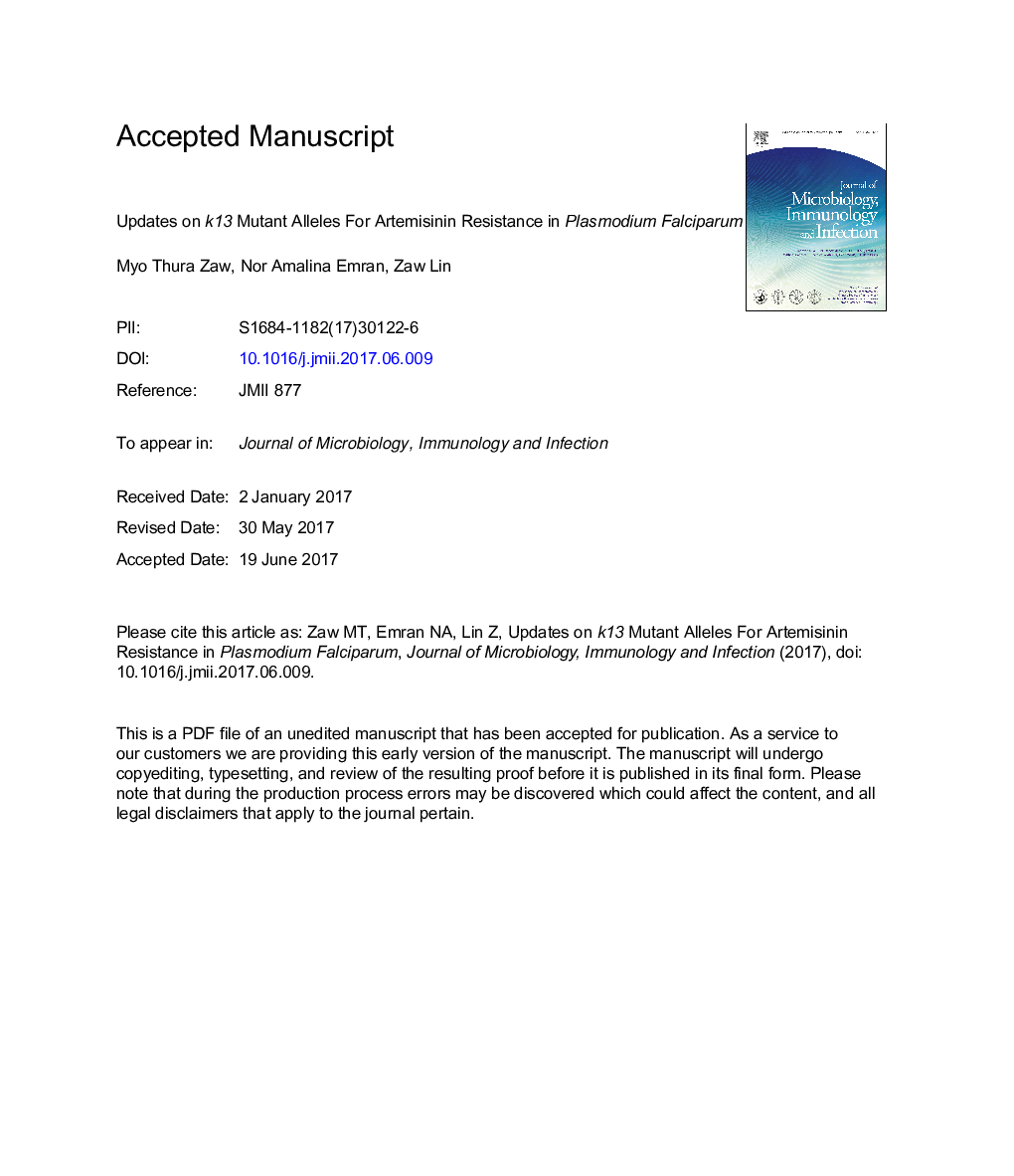 Updates on k13 mutant alleles for artemisinin resistance in Plasmodium falciparum