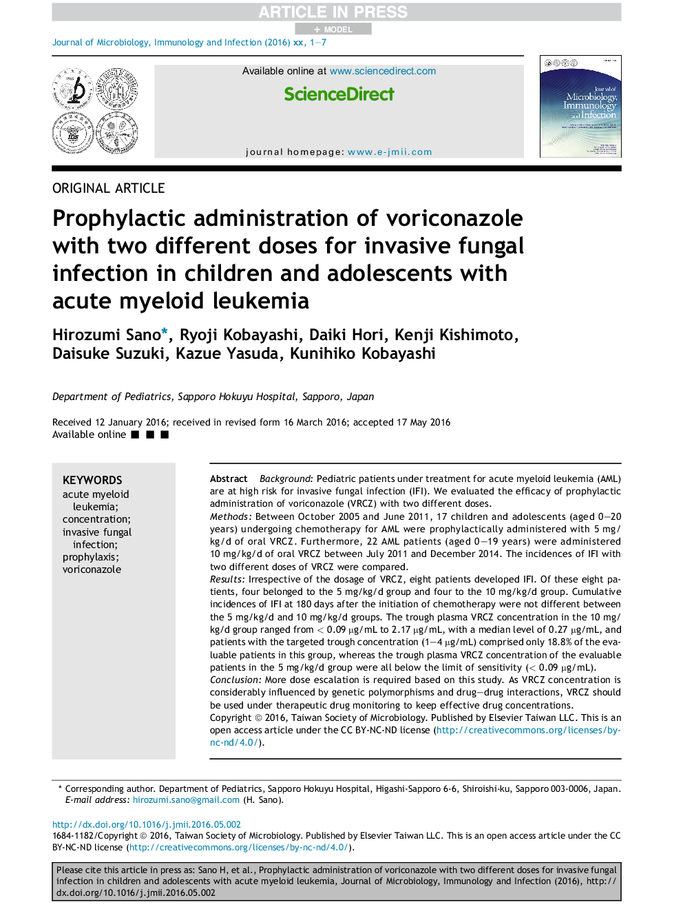 Prophylactic administration of voriconazole with two different doses for invasive fungal infection in children and adolescents with acute myeloid leukemia