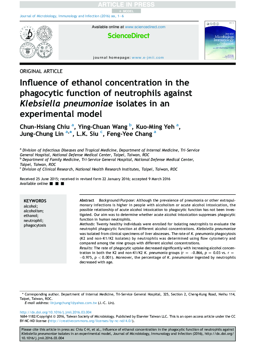 Influence of ethanol concentration in the phagocytic function of neutrophils against Klebsiella pneumoniae isolates in an experimental model