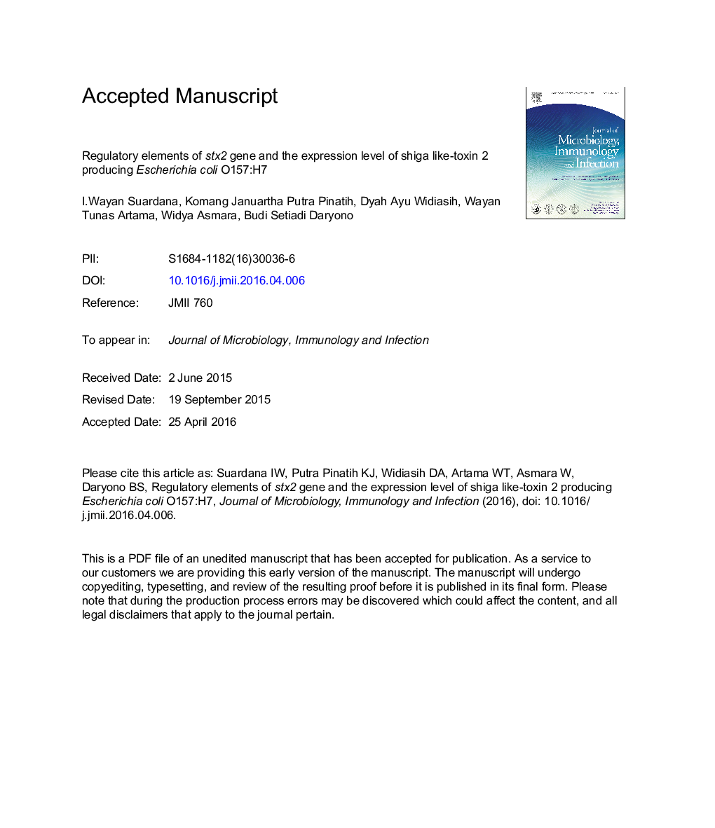 عکس صفحه اول مقاله: Regulatory elements of stx2 gene and the expression level of Shiga-like toxin 2 in Escherichia coli O157:H7 Regulatory elements of stx2 gene and the expression level of Shiga-like toxin 2 in Escherichia coli O157:H7