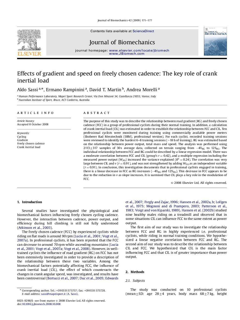 Effects of gradient and speed on freely chosen cadence: The key role of crank inertial load