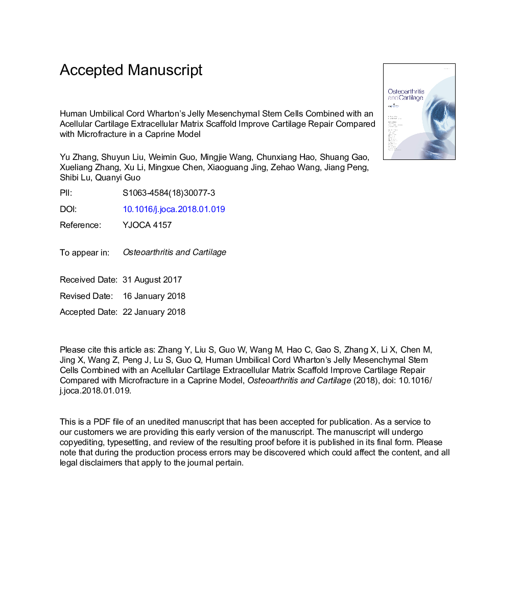 Human umbilical cord Wharton's jelly mesenchymal stem cells combined with an acellular cartilage extracellular matrix scaffold improve cartilage repair compared with microfracture in a caprine model