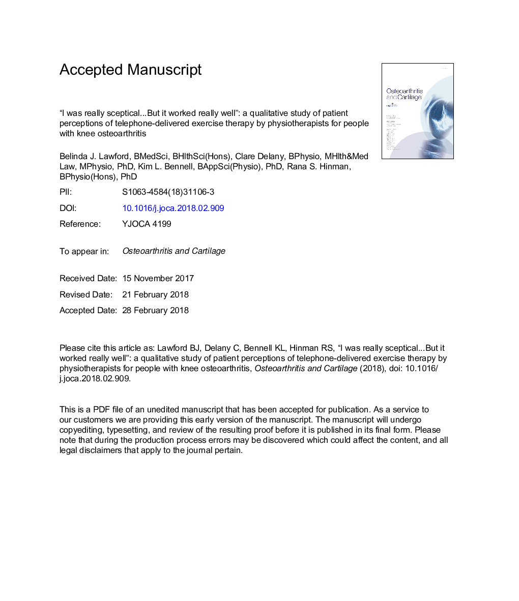 “I was really sceptical...But it worked really well”: a qualitative study of patient perceptions of telephone-delivered exercise therapy by physiotherapists for people with knee osteoarthritis