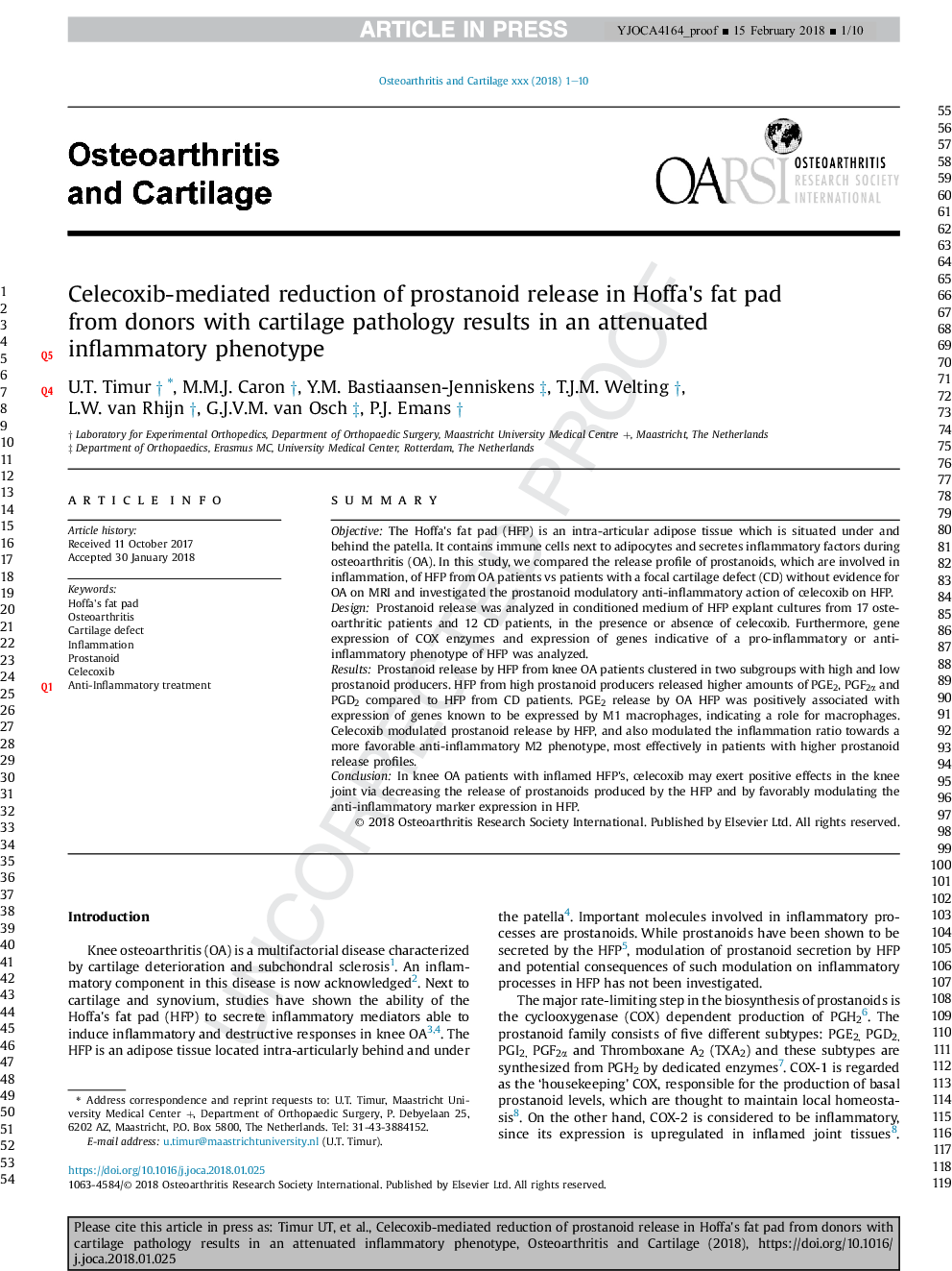 Celecoxib-mediated reduction of prostanoid release in Hoffa's fat pad from donors with cartilage pathology results in an attenuated inflammatory phenotype