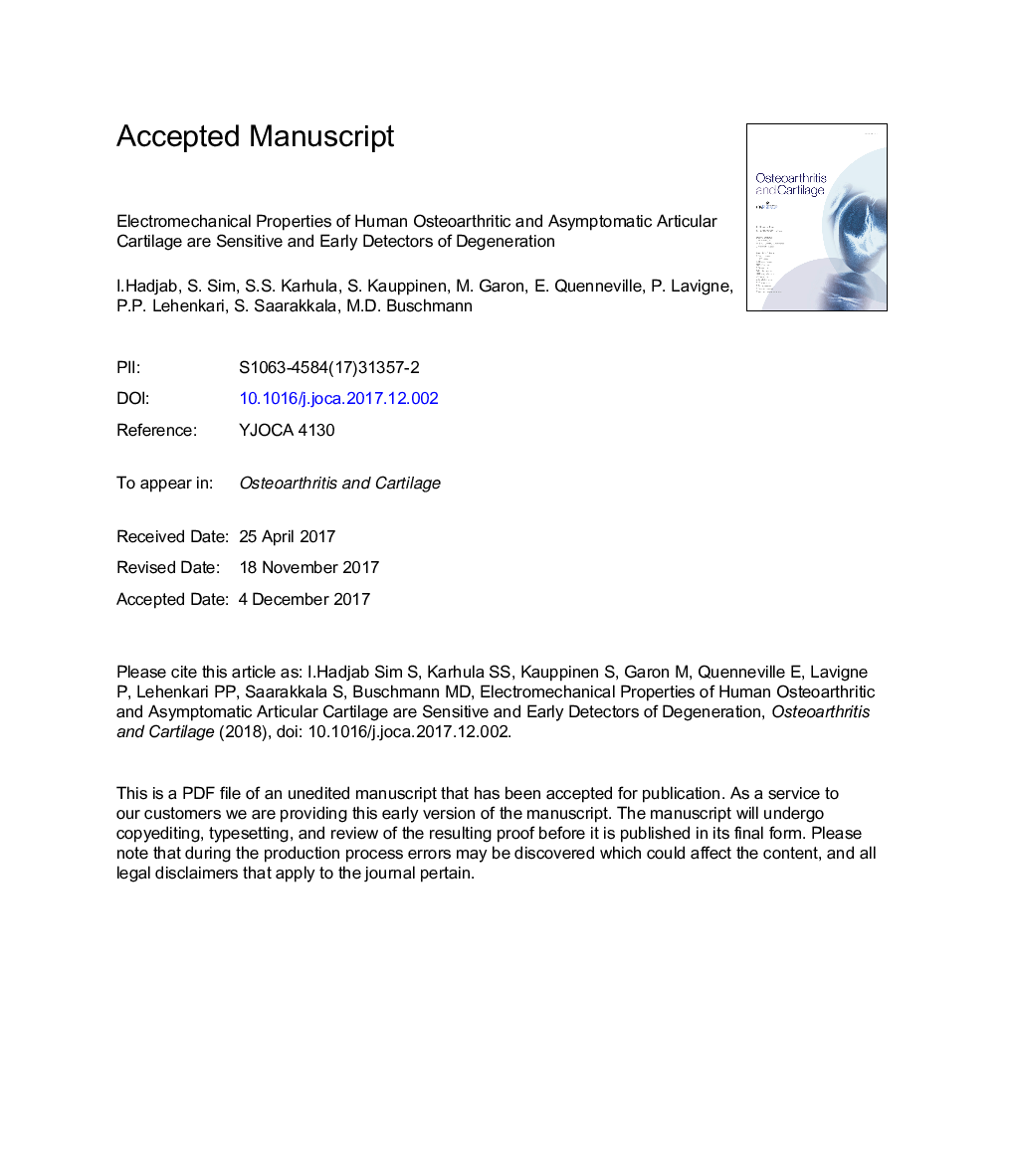 Electromechanical properties of human osteoarthritic and asymptomatic articular cartilage are sensitive and early detectors of degeneration