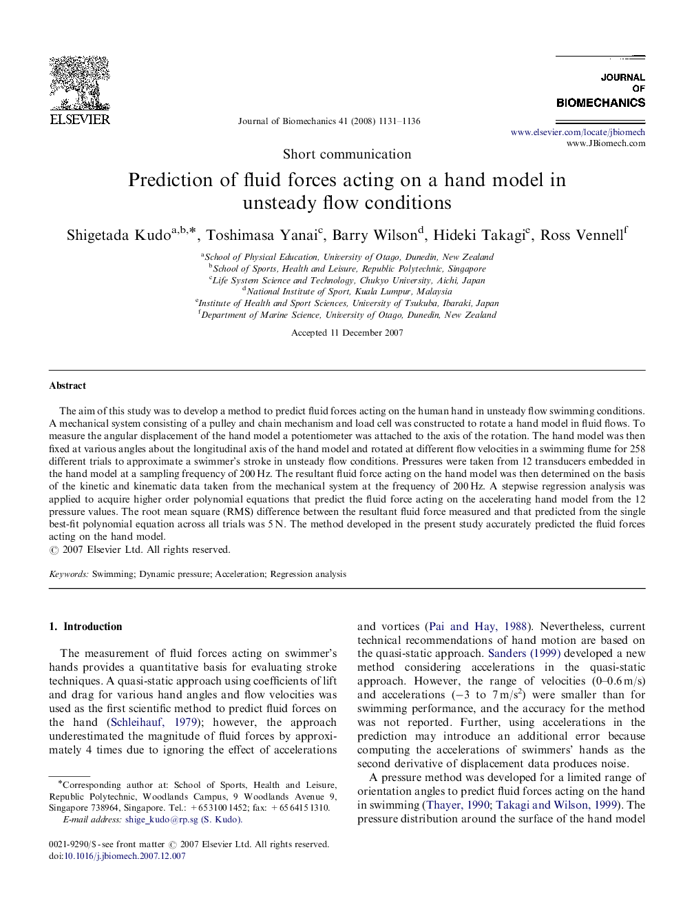 Prediction of fluid forces acting on a hand model in unsteady flow conditions