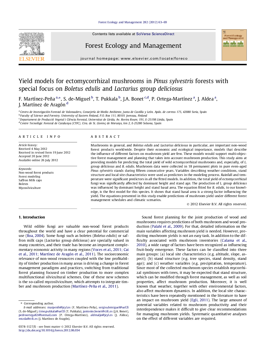 Yield models for ectomycorrhizal mushrooms in Pinus sylvestris forests with special focus on Boletus edulis and Lactarius group deliciosus