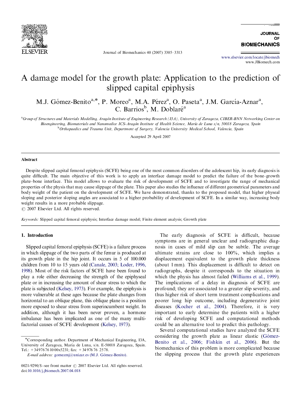 A damage model for the growth plate: Application to the prediction of slipped capital epiphysis