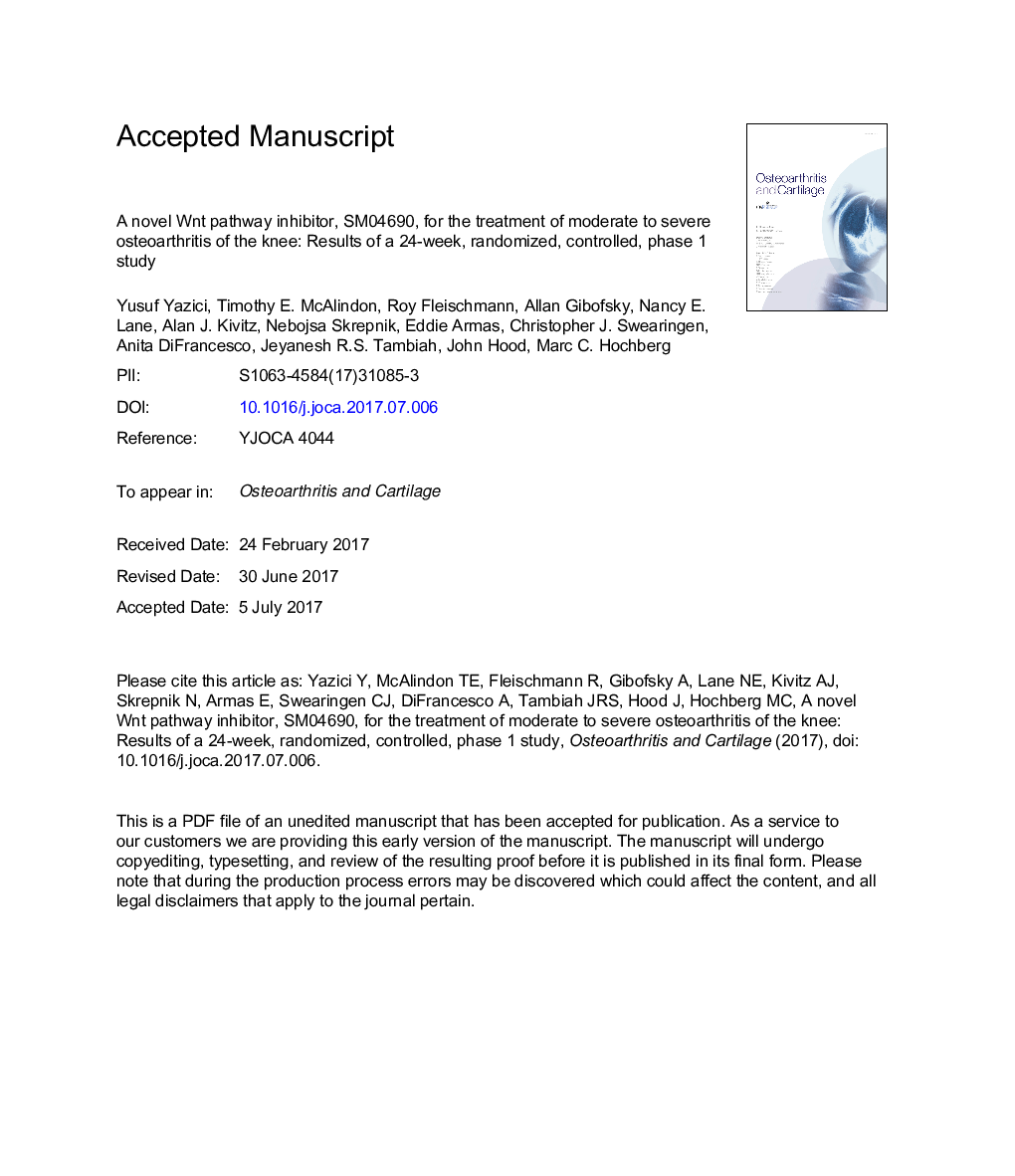 A novel Wnt pathway inhibitor, SM04690, for the treatment of moderate to severe osteoarthritis of the knee: results of a 24-week, randomized, controlled, phase 1 study