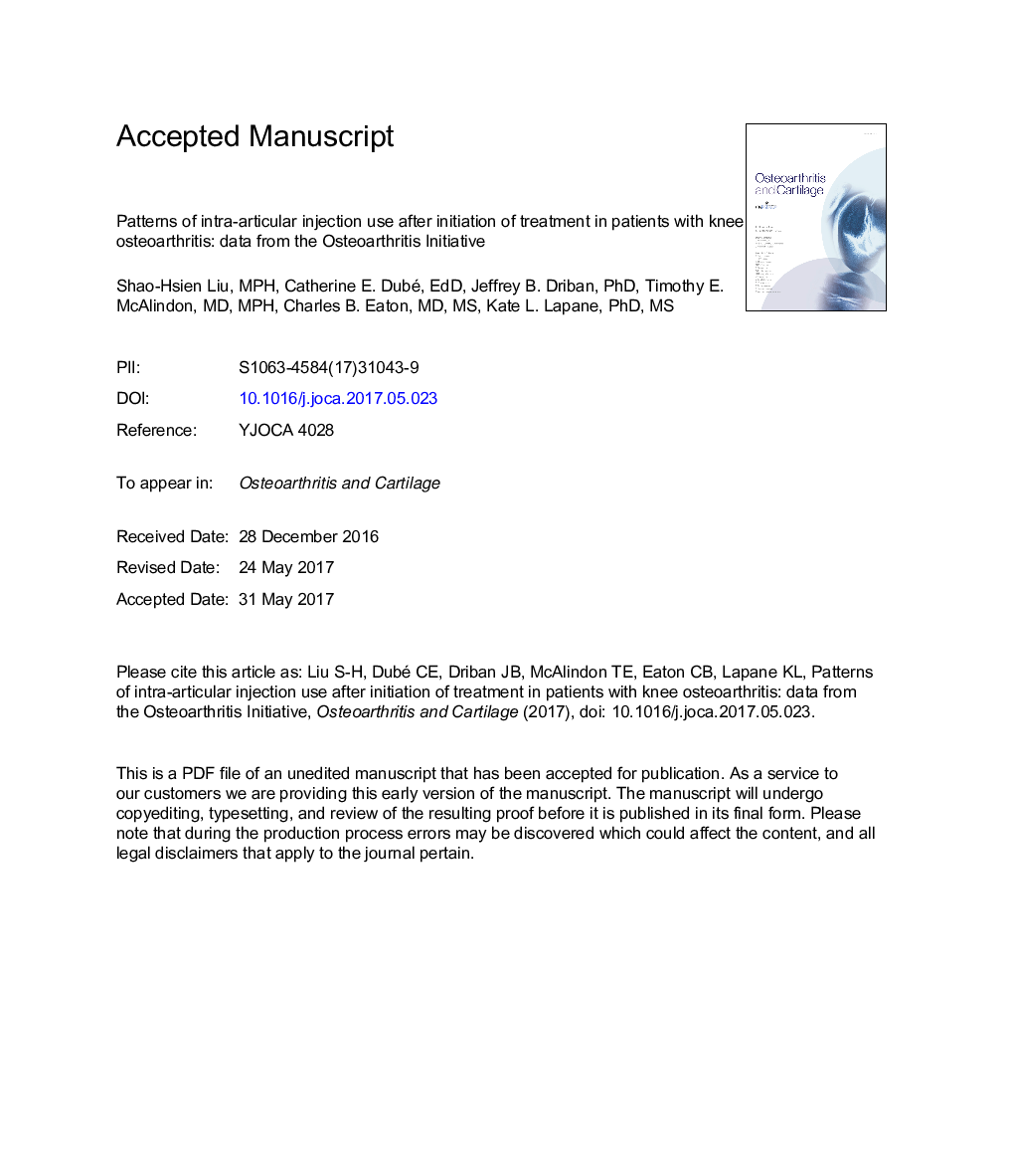 Patterns of intra-articular injection use after initiation of treatment in patients with knee osteoarthritis: data from the osteoarthritis initiative