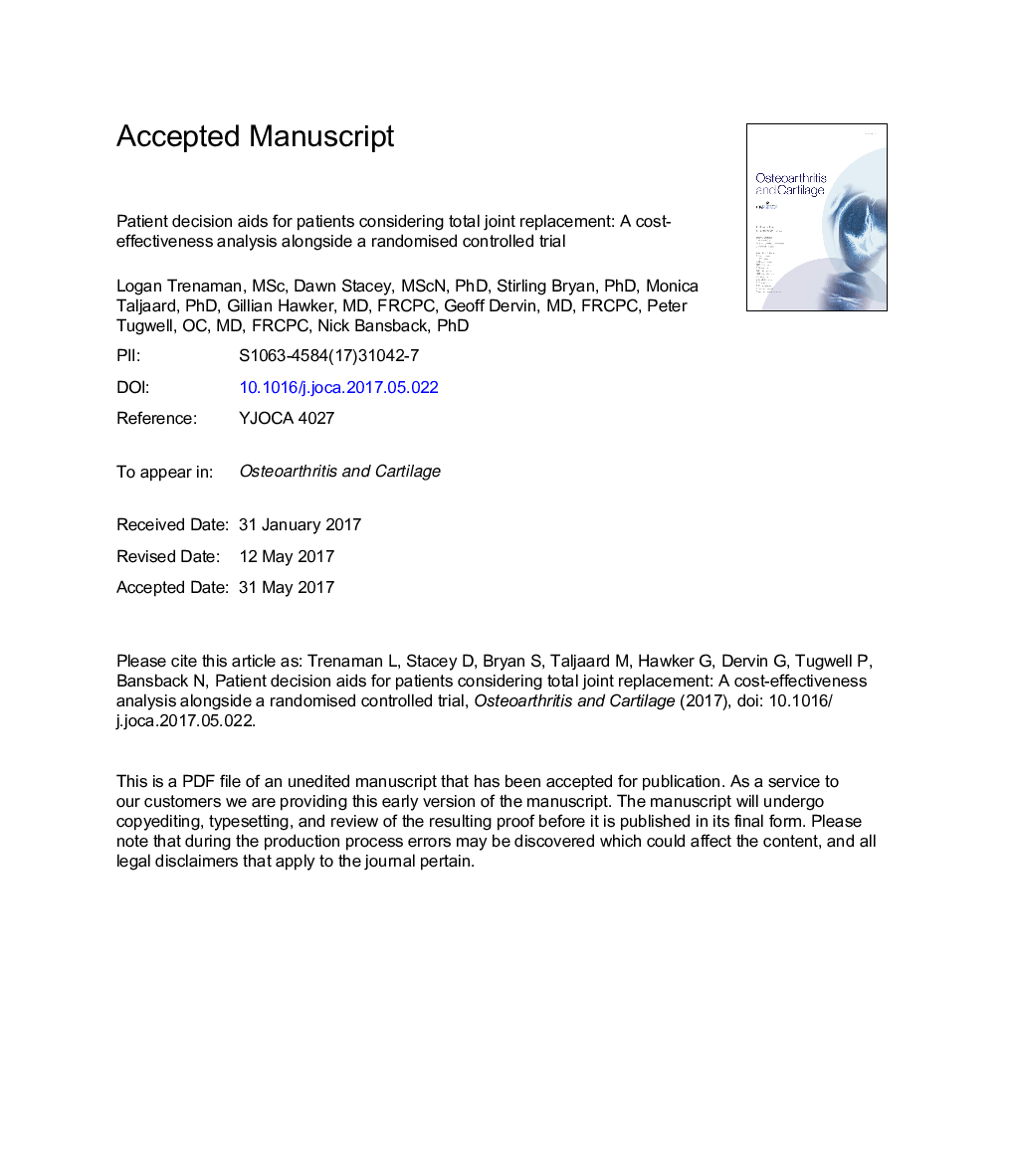 Decision aids for patients considering total joint replacement: a cost-effectiveness analysis alongside a randomised controlled trial