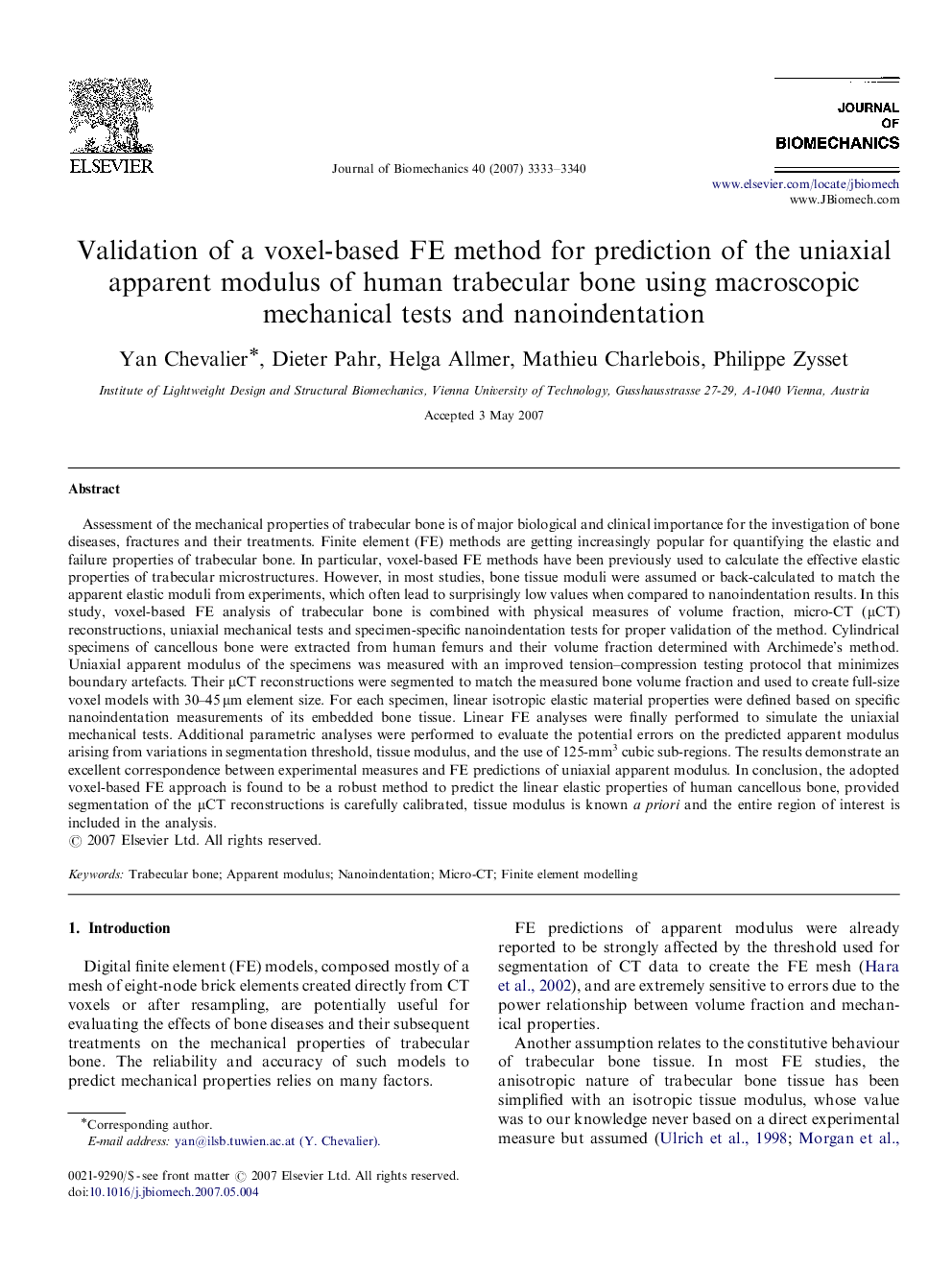 Validation of a voxel-based FE method for prediction of the uniaxial apparent modulus of human trabecular bone using macroscopic mechanical tests and nanoindentation