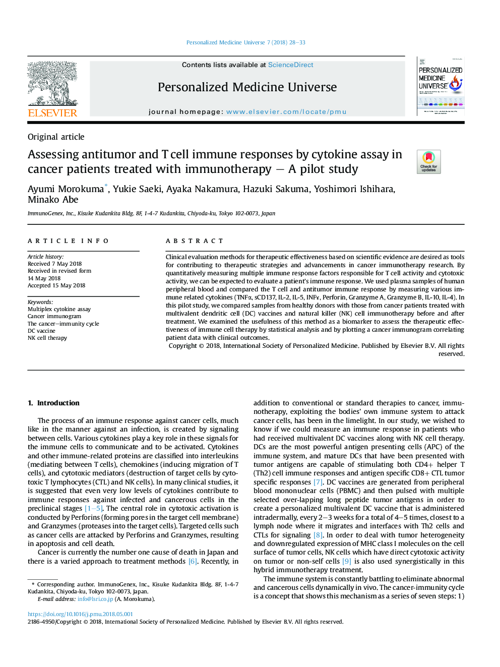 Assessing antitumor and T cell immune responses by cytokine assay in cancer patients treated with immunotherapy - A pilot study