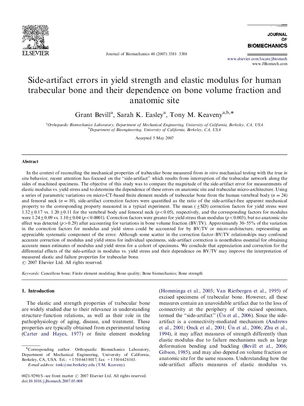 Side-artifact errors in yield strength and elastic modulus for human trabecular bone and their dependence on bone volume fraction and anatomic site