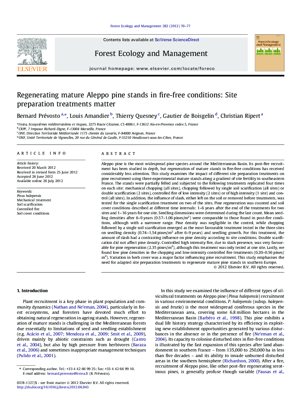 Regenerating mature Aleppo pine stands in fire-free conditions: Site preparation treatments matter