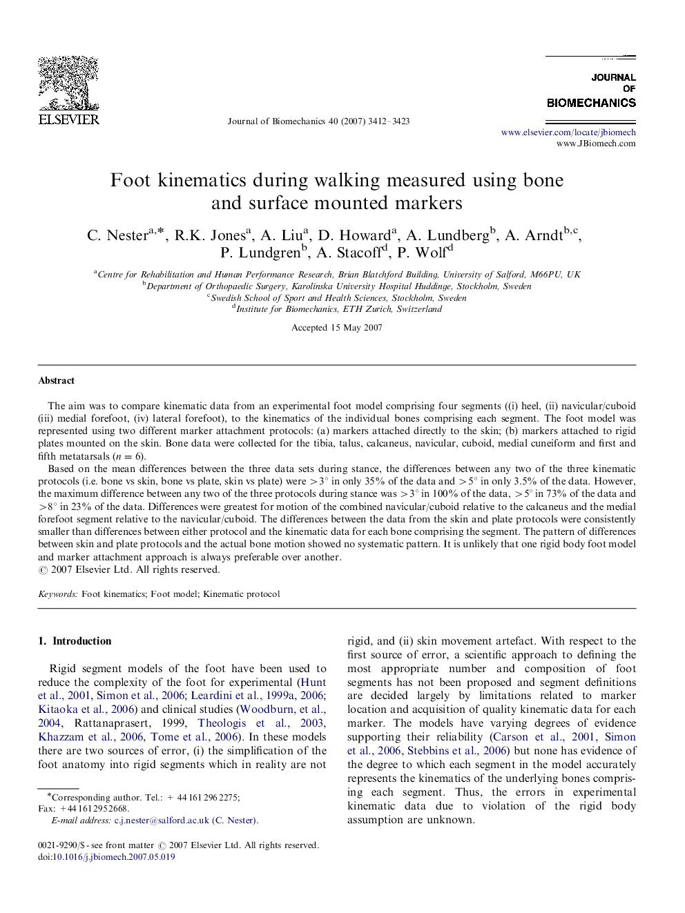 Foot kinematics during walking measured using bone and surface mounted markers