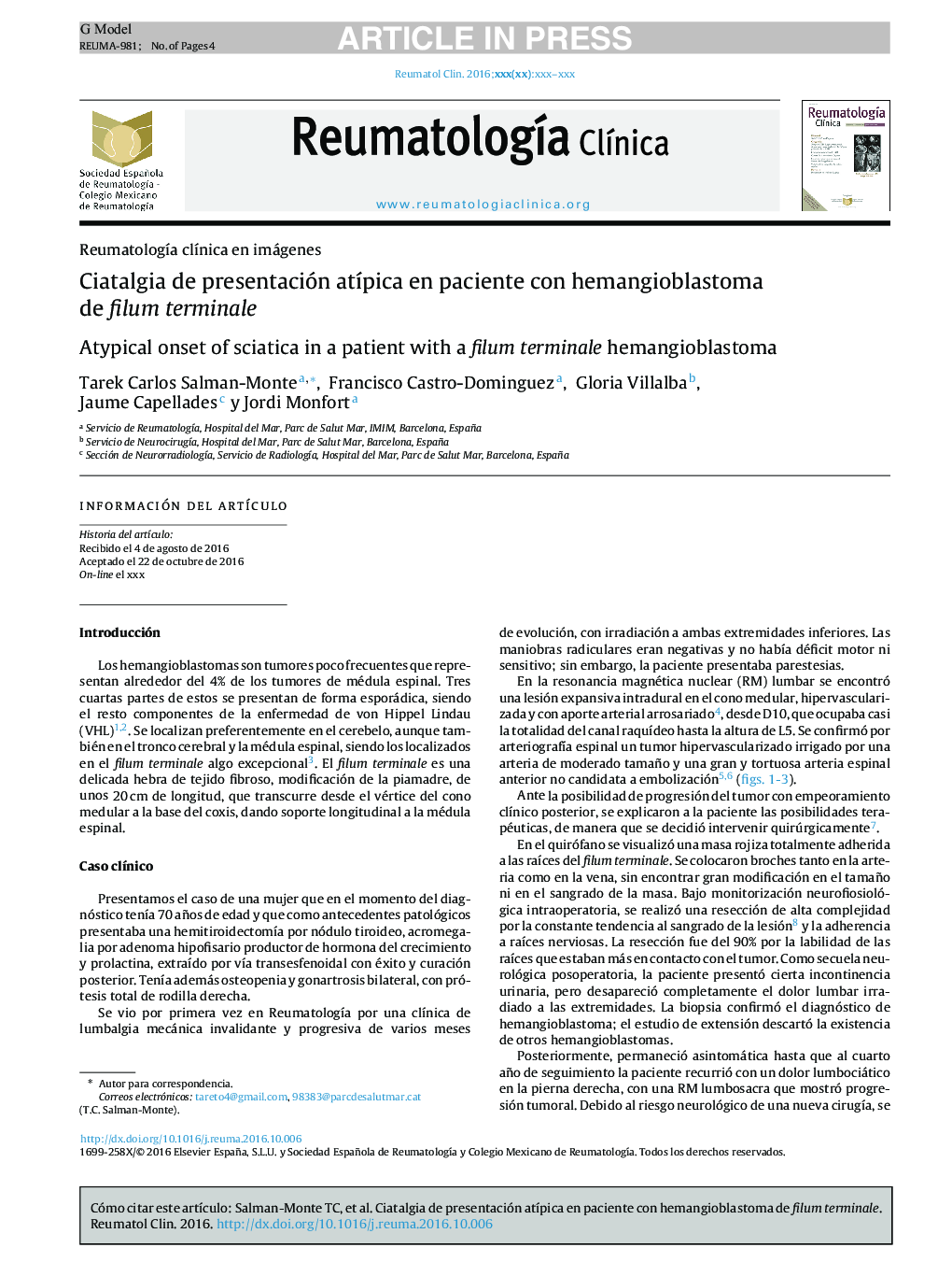 Ciatalgia de presentación atÃ­pica en paciente con hemangioblastoma de filum terminale