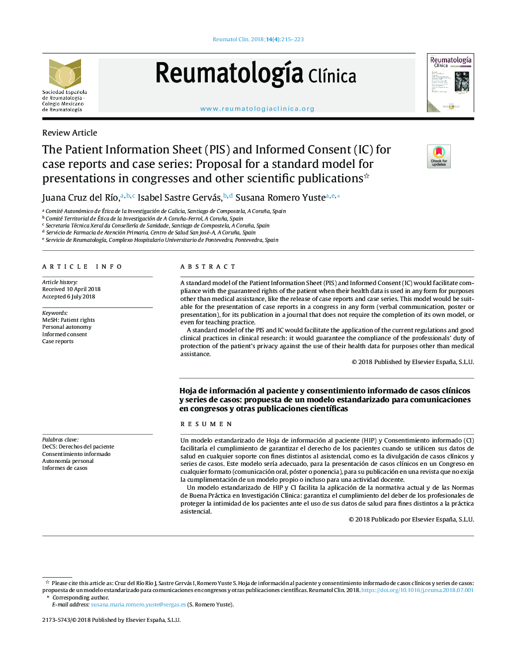 The Patient Information Sheet (PIS) and Informed Consent (IC) for case reports and case series: Proposal for a standard model for presentations in congresses and other scientific publications