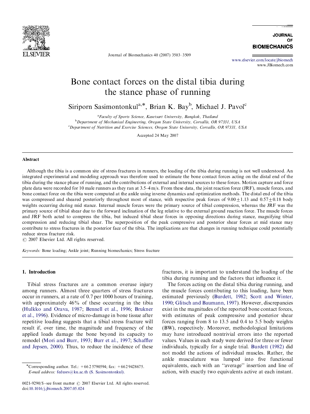 Bone contact forces on the distal tibia during the stance phase of running