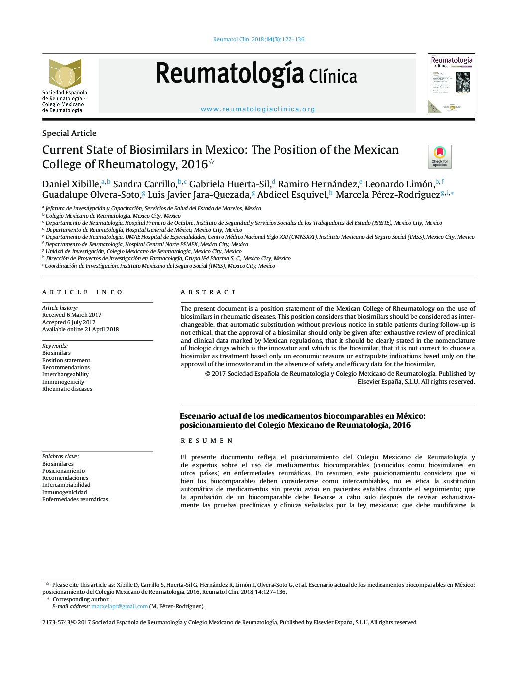 Current State of Biosimilars in Mexico: The Position of the Mexican College of Rheumatology, 2016