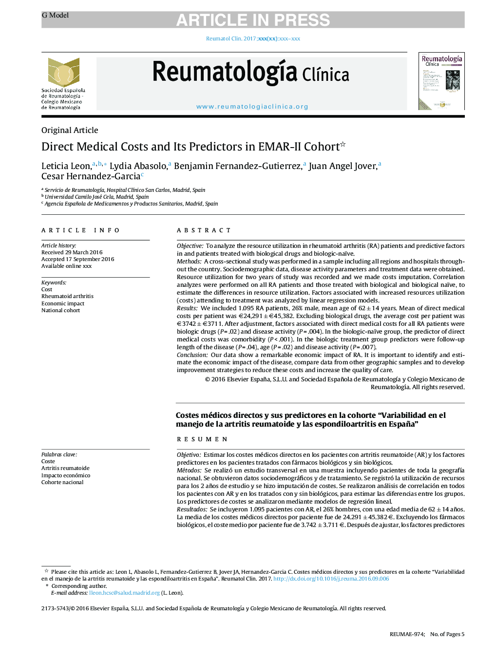 Direct medical costs and their predictors in the EMAR-II cohort: “Variability in the management of rheumatoid arthritis and spondyloarthritis in Spain”