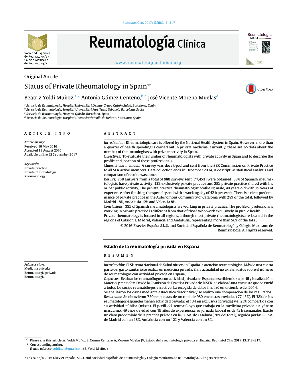 Status of Private Rheumatology in Spain