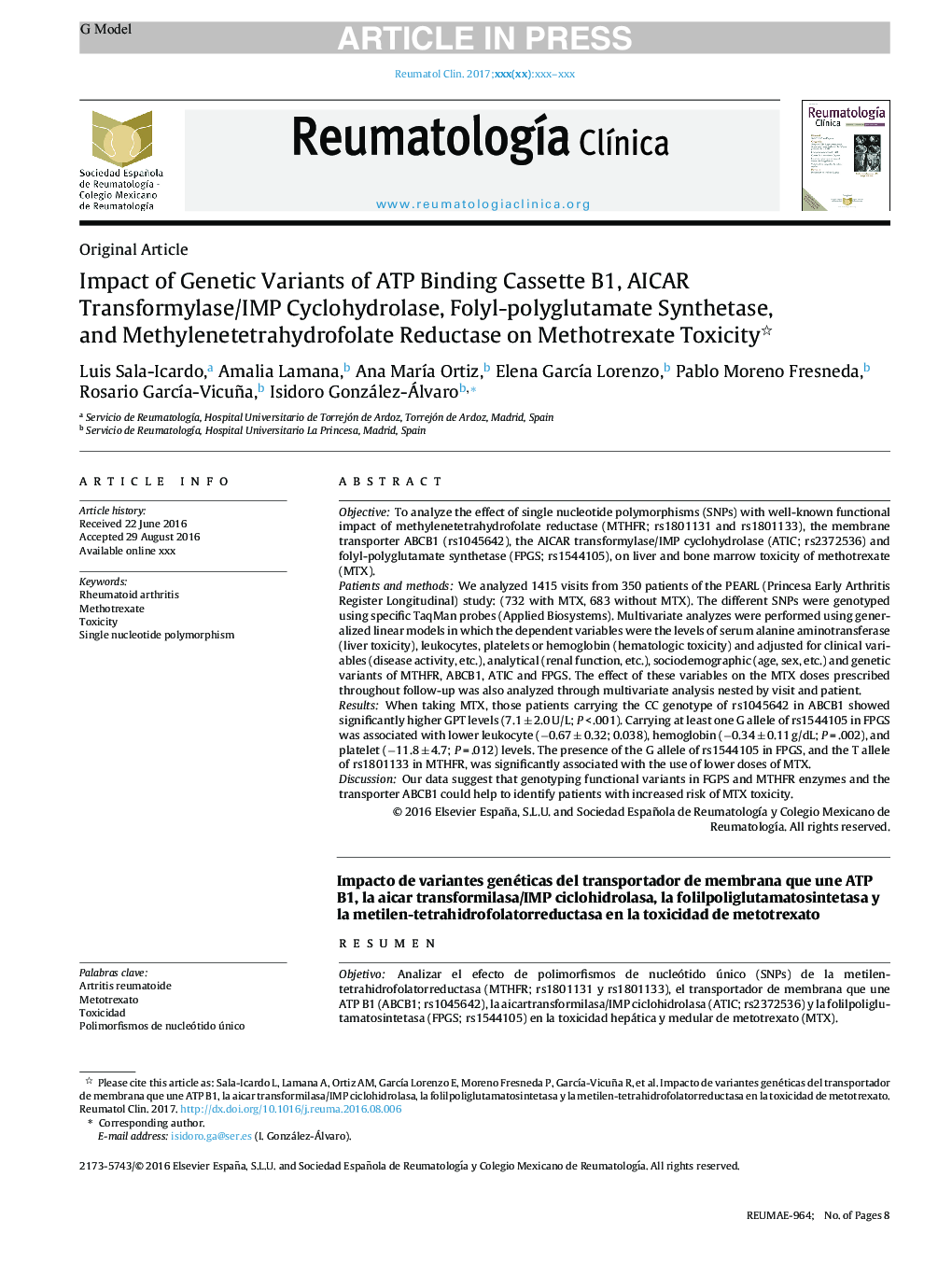 Impact of Genetic Variants of ATP Binding Cassette B1, AICAR Transformylase/IMP Cyclohydrolase, Folyl-polyglutamate Synthetase, and Methylenetetrahydrofolate Reductase on Methotrexate Toxicity