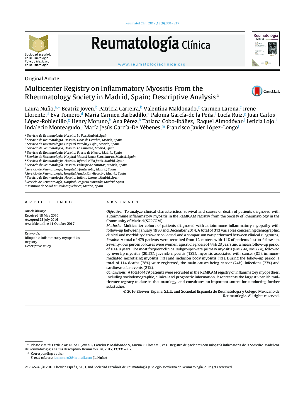 Multicenter Registry on Inflammatory Myositis From the Rheumatology Society in Madrid, Spain: Descriptive Analysis