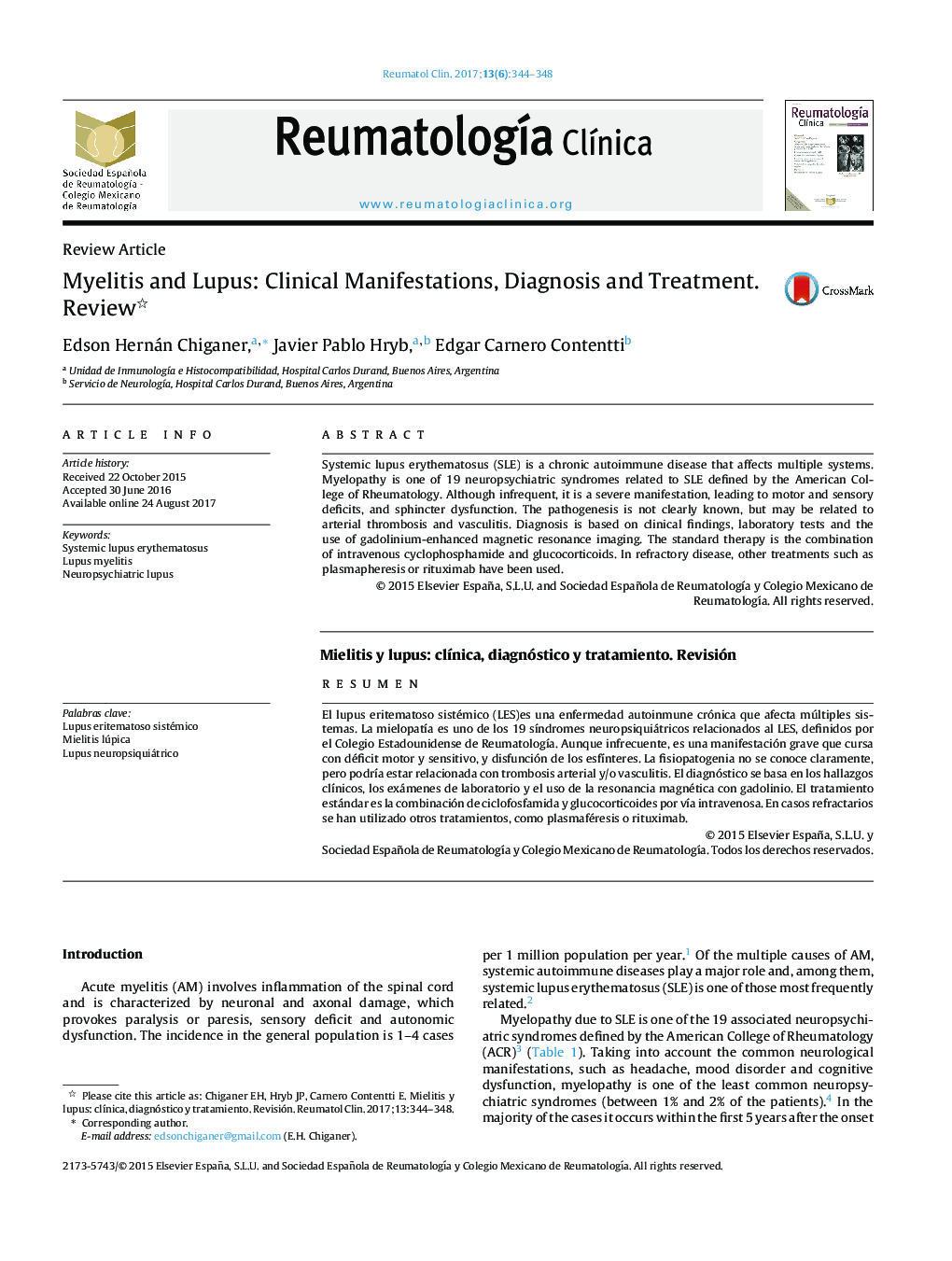 Myelitis and Lupus: Clinical Manifestations, Diagnosis and Treatment. Review