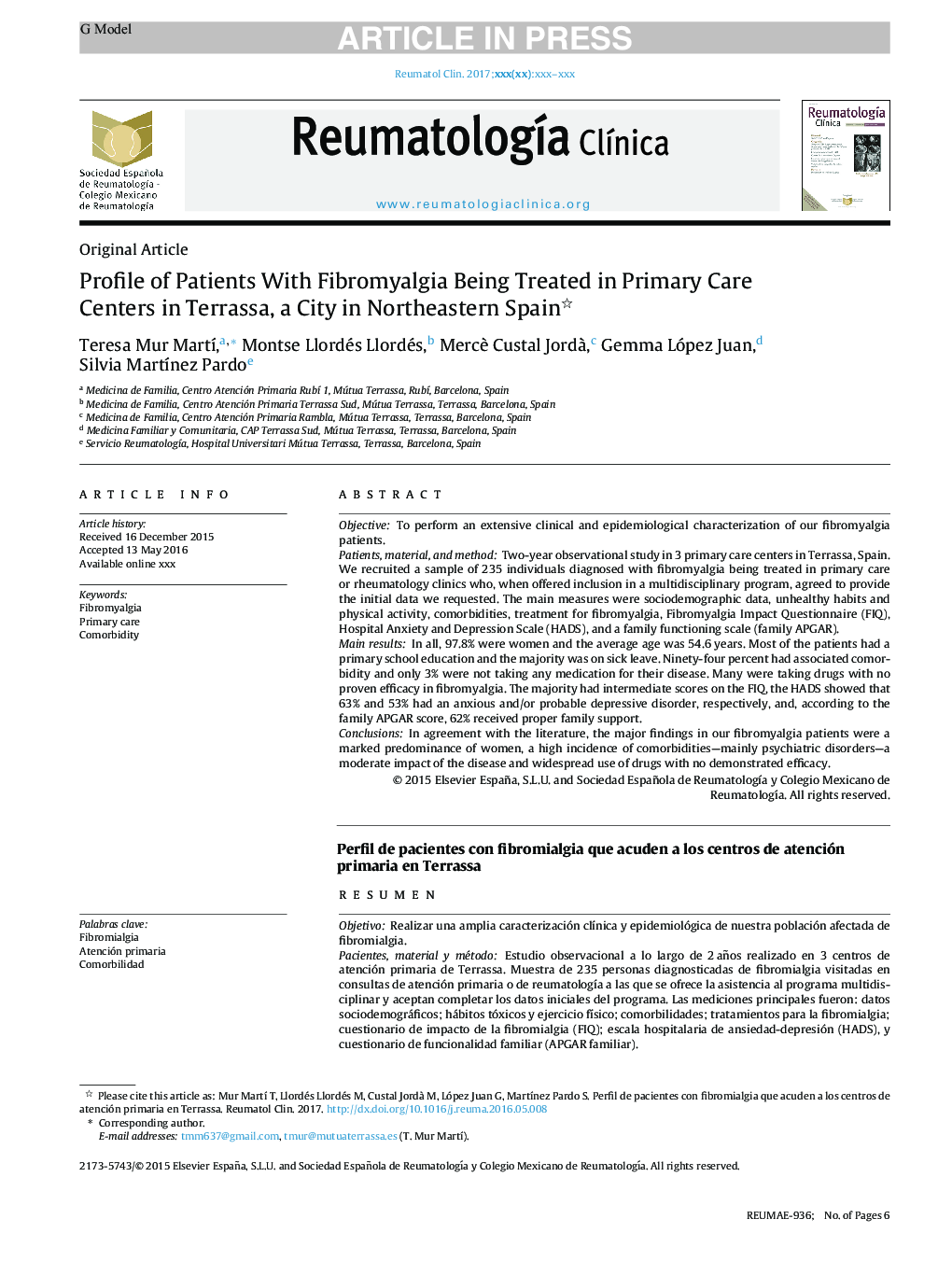 Profile of Patients With Fibromyalgia Being Treated in Primary Care Centers in Terrassa, a City in Northeastern Spain