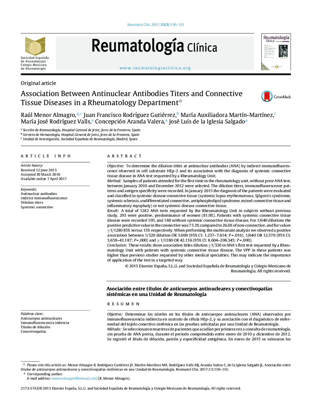Association Between Antinuclear Antibodies Titers and Connective Tissue Diseases in a Rheumatology Department